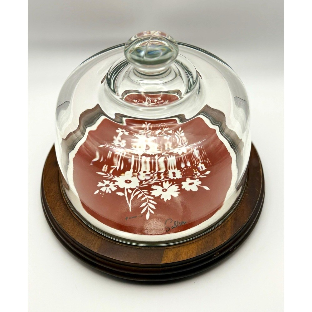 Round Wood Serving Tray w/ Floral Insert & Glass Dome Lid (Cloche) 12 in
